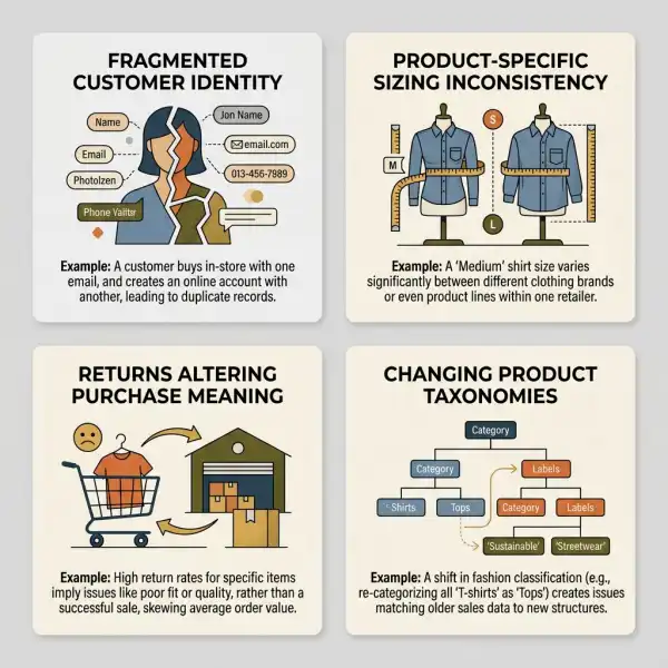 Fashion CRM data-quality challenges involving customer identity, size, returns, and product variants Fashion CRM data-quality challenges involving customer identity, size, returns, and product variants