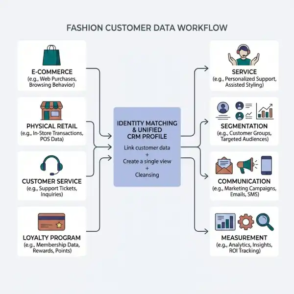 Fashion CRM workflow connecting retail, e-commerce, customer service, and loyalty data Fashion CRM workflow connecting retail, e-commerce, customer service, and loyalty data