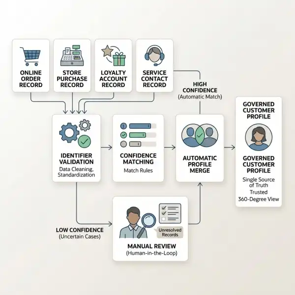 Customer identity resolution process for online and in-store fashion CRM records Customer identity resolution process for online and in-store fashion CRM records