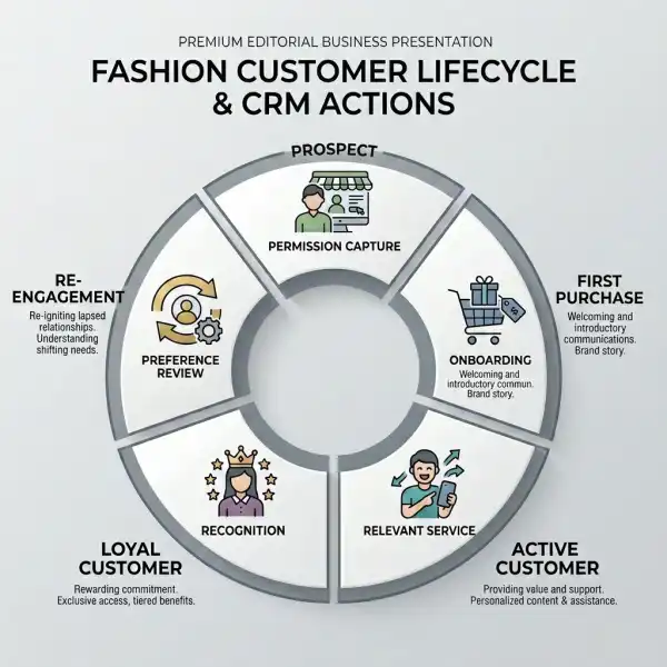 Fashion CRM framework across acquisition, first purchase, retention, loyalty, and re-engagement Fashion CRM framework across acquisition, first purchase, retention, loyalty, and re-engagement