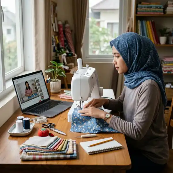 Peserta mengikuti kursus menjahit online sambil mempraktikkan teknik menjahit di rumah Peserta mengikuti kursus menjahit online sambil mempraktikkan teknik menjahit di rumah