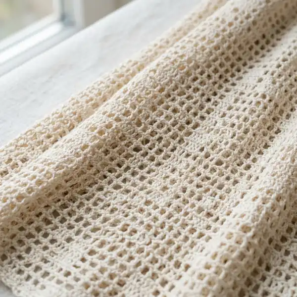 Detail openwork crochet yang memungkinkan ruang udara pada pakaian tropis Detail openwork crochet yang memungkinkan ruang udara pada pakaian tropis
