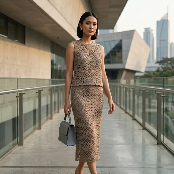 Tren crochet 2026 dalam fashion dengan tekstur openwork dan siluet modern