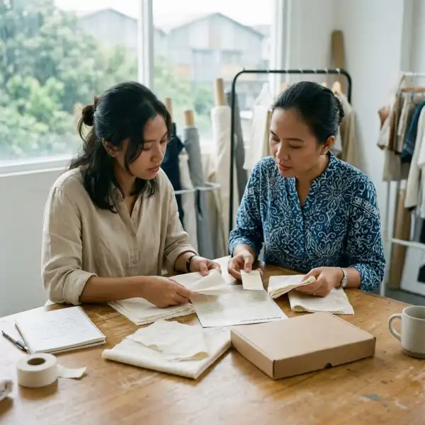 Proses validasi Cloud Dancer pada swatch kain dan materi branding fashion