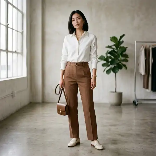 Cloud Dancer dipadukan dengan warna cokelat earthy pada koleksi fashion