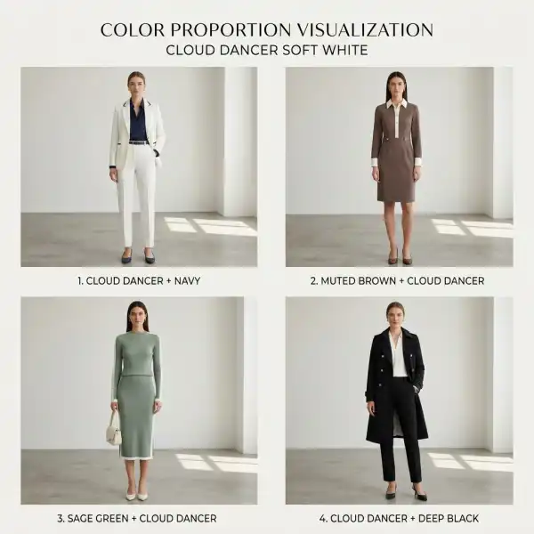 Perbandingan proporsi Cloud Dancer sebagai warna dominan dan aksen dalam fashion