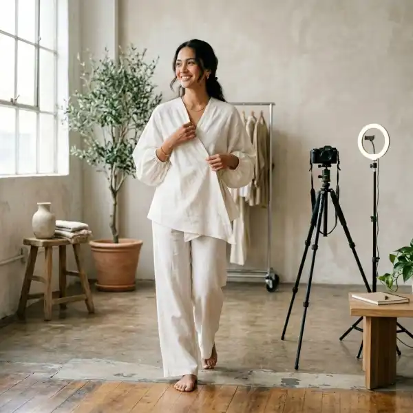 Kampanye media sosial fashion dengan palet Cloud Dancer yang bersih dan minimal