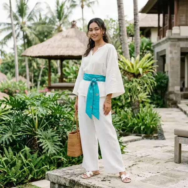 Cloud Dancer dengan aksen warna tropis cerah dalam styling fashion