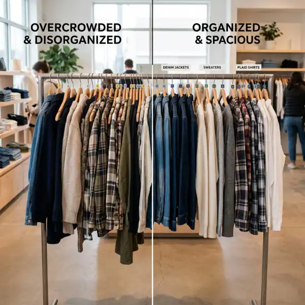 Fashion retail display organized by category color and size for clear product choice Fashion retail display organized by category color and size for clear product choice