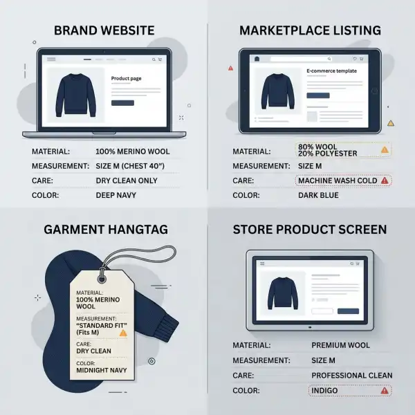 Fashion product information mismatch across website marketplace hangtag and store system
