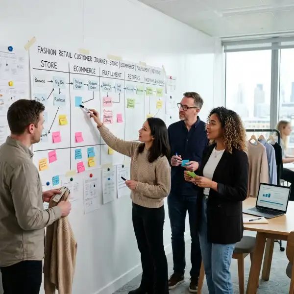 Fashion retail team mapping operational gaps across store ecommerce fulfillment and returns