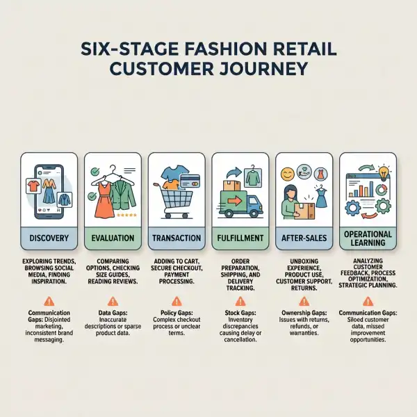 Fashion retail customer journey showing operational gap points from discovery to after-sales learning