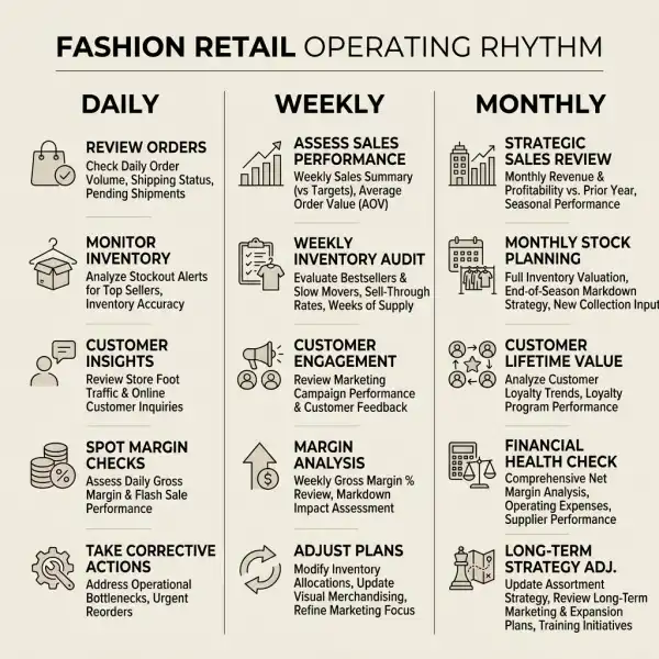 Daily weekly and monthly fashion retail operations review rhythm