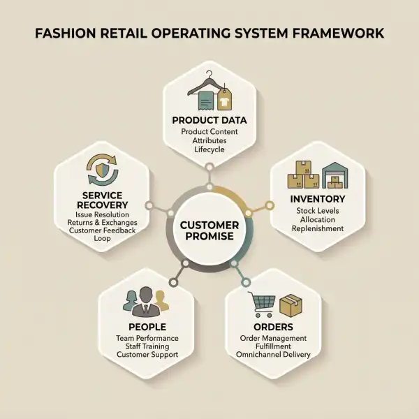 Fashion retail operating system linking product data inventory orders people and customer service