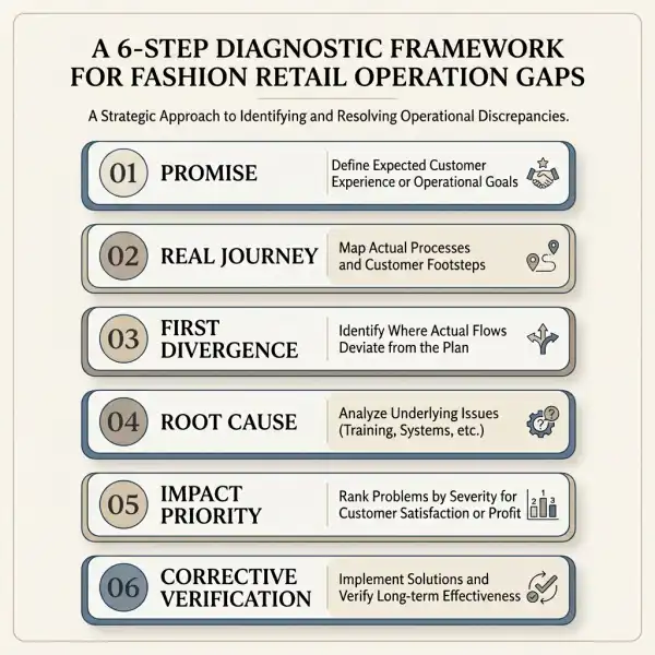 Six-step fashion retail operation gap diagnostic from customer promise to corrective verification