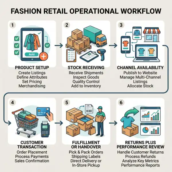 Fashion retail operations cycle from product setup to sales returns and performance review