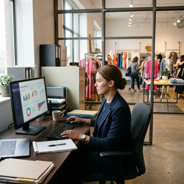 Fashion retail manager reviewing sales inventory fulfillment and returns performance
