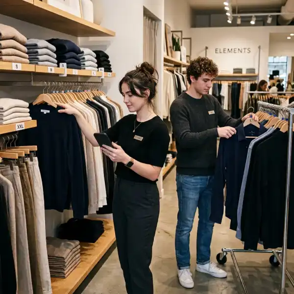 Fashion store team coordinating stock display staff workflow and replenishment Fashion store team coordinating stock display staff workflow and replenishment