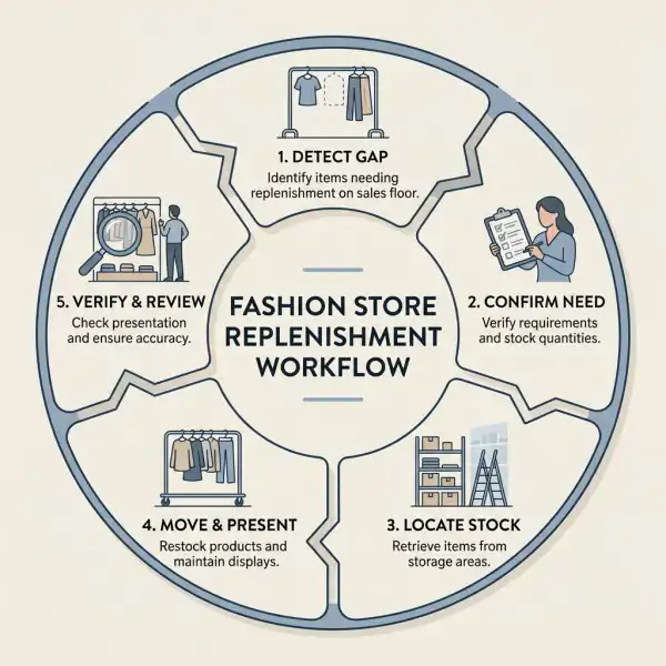 Five-step fashion store replenishment loop from gap detection to review Five-step fashion store replenishment loop from gap detection to review
