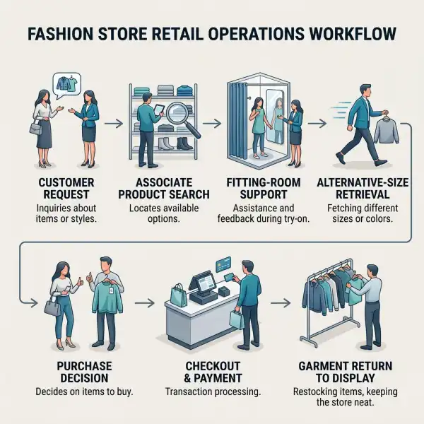 Fashion store staff workflow from customer request to fitting room stock retrieval and checkout Fashion store staff workflow from customer request to fitting room stock retrieval and checkout