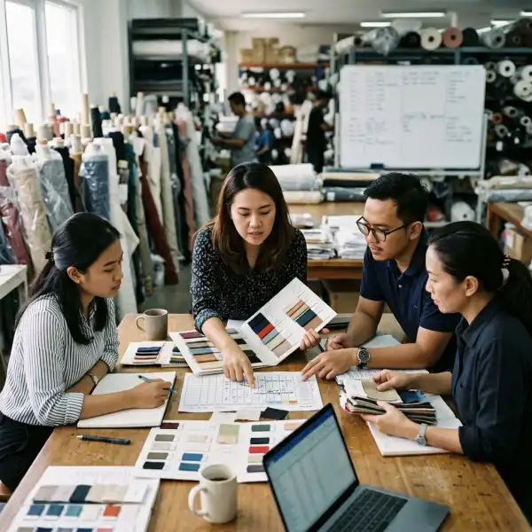 Tim sourcing fashion mengevaluasi lead time pemasok kain untuk produksi