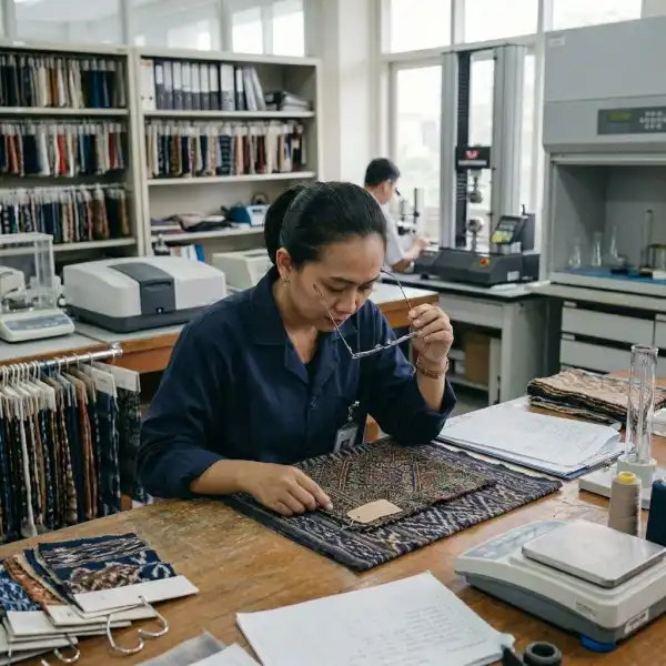 Pemeriksaan kualitas dan spesifikasi kain sebelum produksi fashion