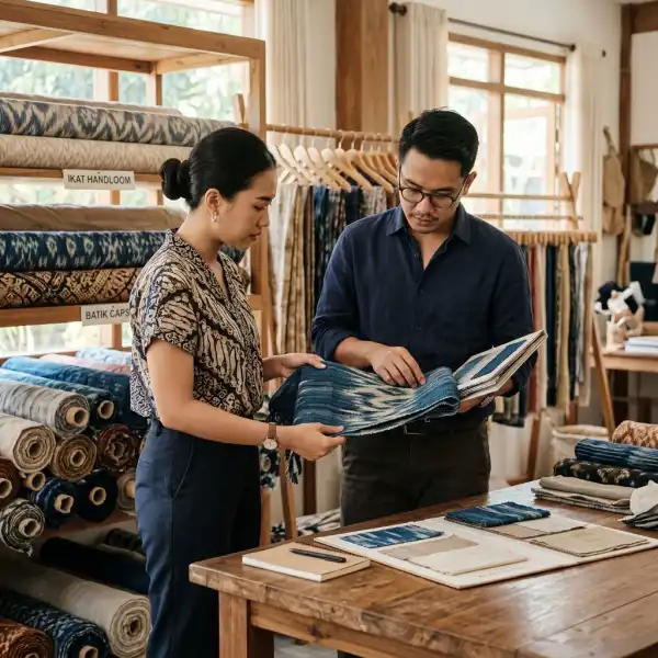 Tim fashion Indonesia memilih dan memeriksa kain lokal untuk pengembangan koleksi