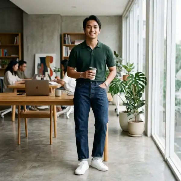 Dark jeans dengan knitwear untuk gaya kantor casual
