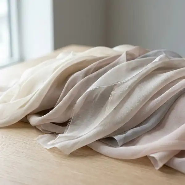 Close-up of layered chiffon fabric showing its sheer texture and fluid drape Close-up of layered chiffon fabric showing its sheer texture and fluid drape