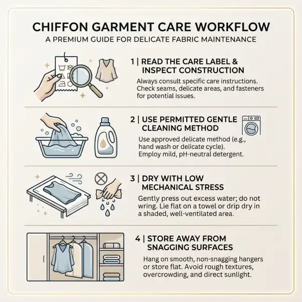 Simple care workflow for checking, cleaning, drying, and storing chiffon garments Simple care workflow for checking, cleaning, drying, and storing chiffon garments