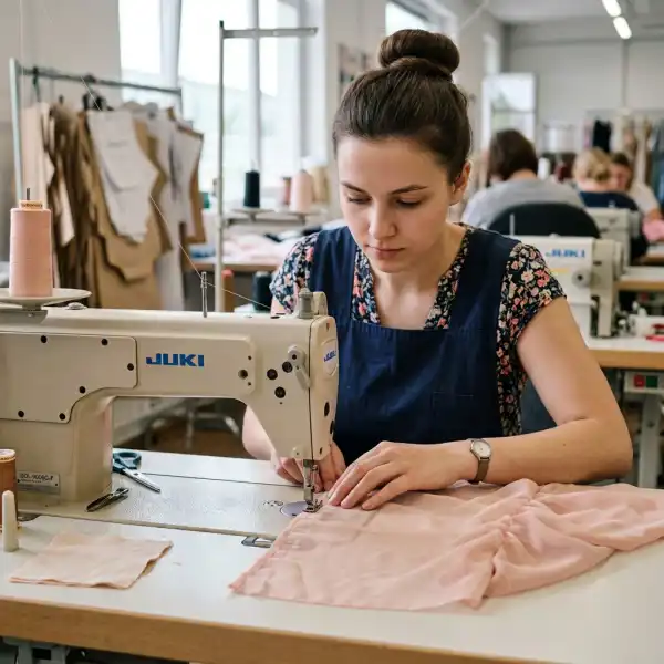 Sewing operator testing a narrow seam on chiffon during garment sampling Sewing operator testing a narrow seam on chiffon during garment sampling