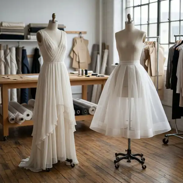 Fashion atelier study comparing a flowing chiffon dress and a structured organza dress
