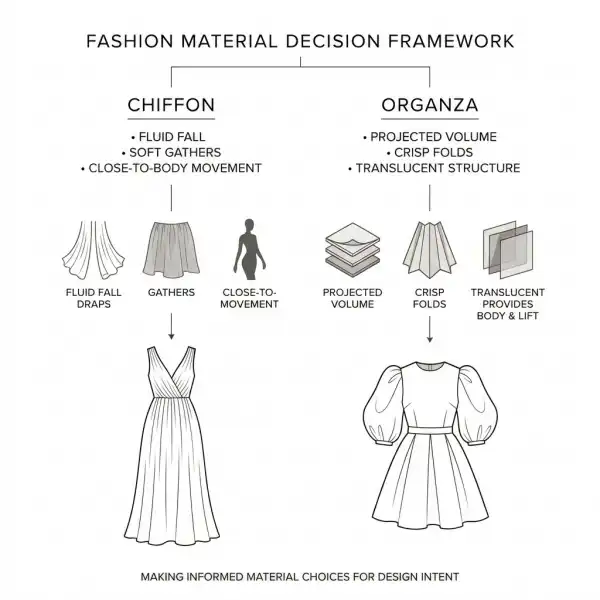 Fashion design decision chart comparing the flow of chiffon with the structure of organza