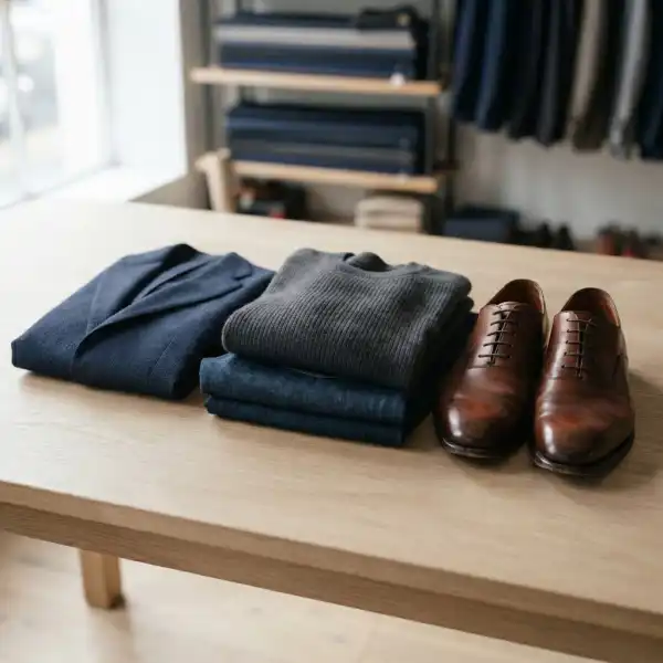 Tekstur material blazer denim dan knitwear dalam menswear klasik kasual