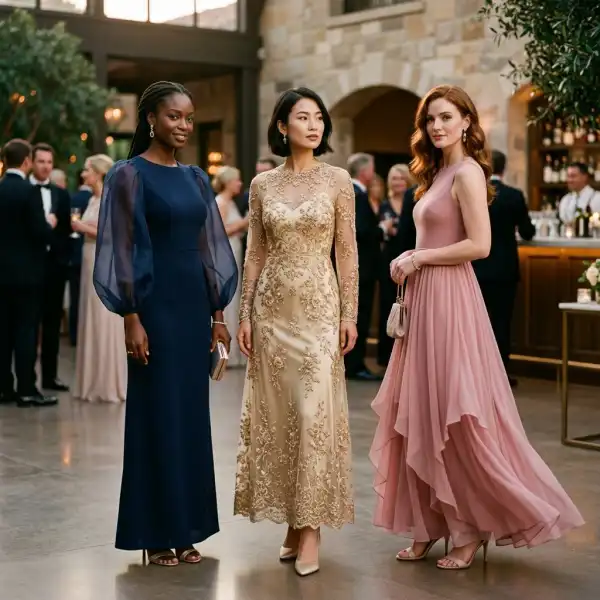 Contemporary occasion dresses using sheer fabric through sleeves, overlays, and layered skirts