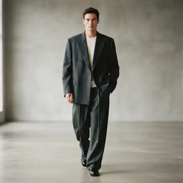Detail tailoring dan proporsi pada pakaian pria oversized modern