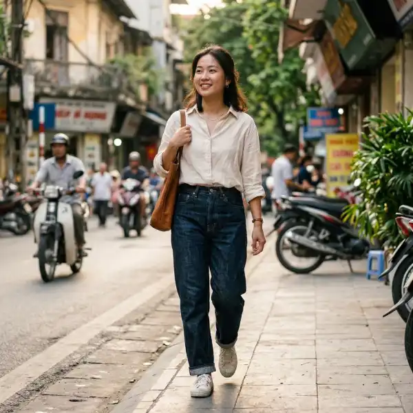 Dark denim digunakan dalam outfit sehari-hari di lingkungan urban Indonesia
