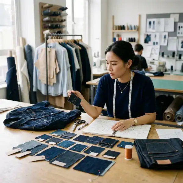 Proses pengembangan produk dark denim dengan sampel kain dan detail garment