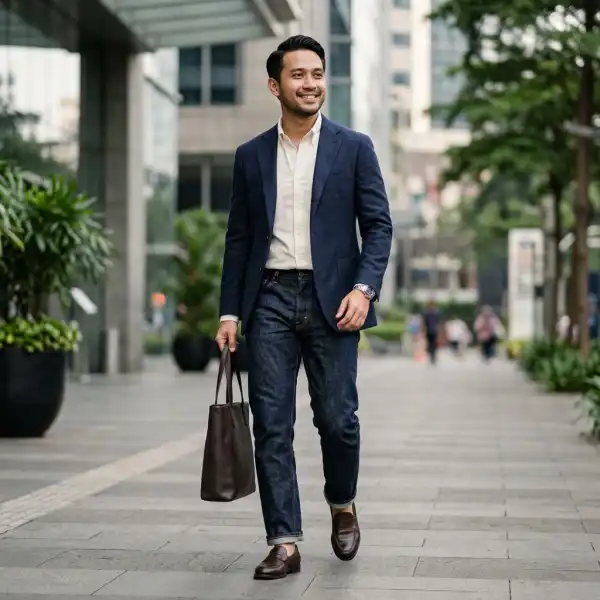 Dark denim dengan styling smart casual untuk tampilan modern