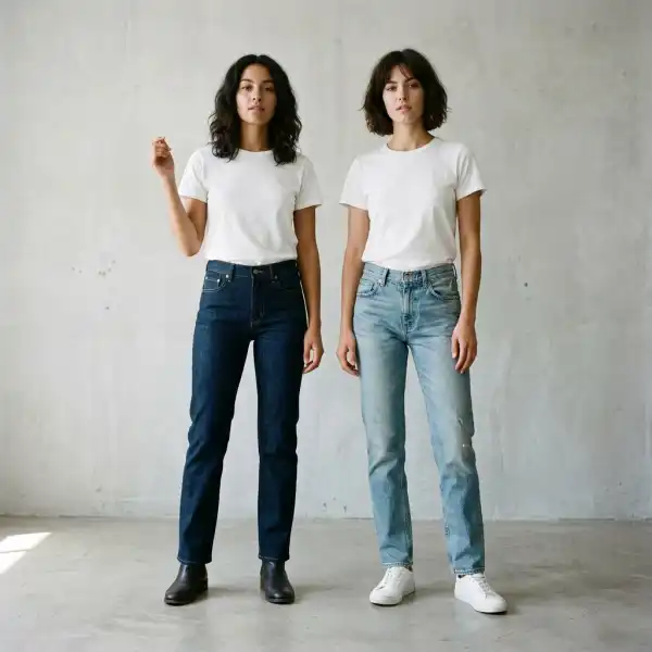 Perbandingan dark denim dan light wash pada dua model jeans