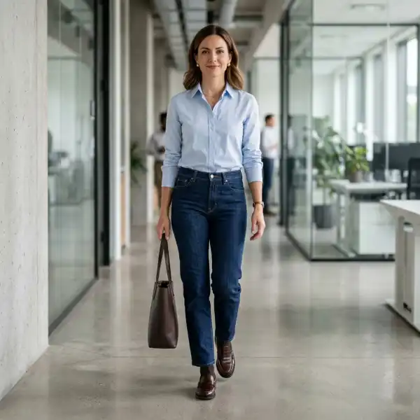 Dark jeans dengan potongan clean dan straight fit untuk gaya kantor