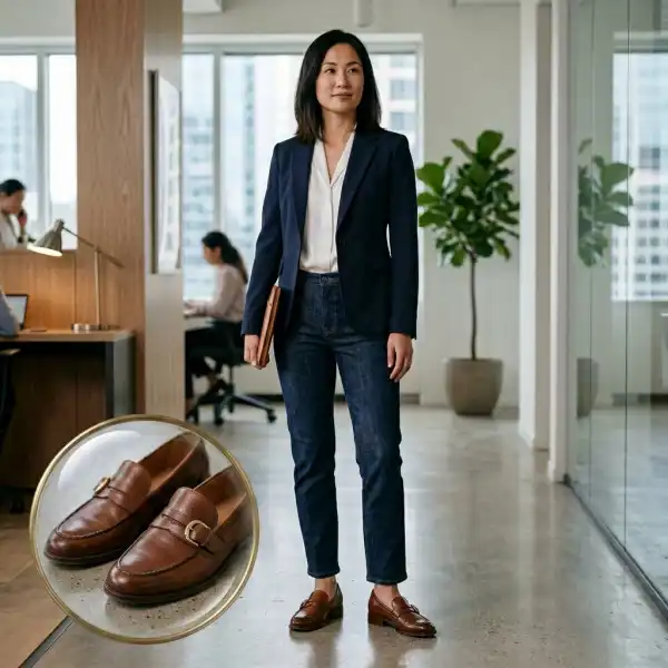 Dark jeans dipadukan dengan loafers untuk tampilan kantor yang rapi