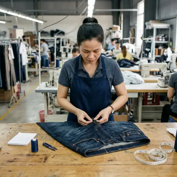 Quality control memeriksa dark jeans untuk konsistensi warna dan ukuran