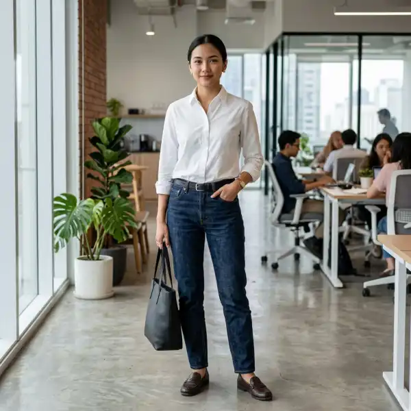 Dark jeans dengan kemeja putih sebagai outfit kantor smart casual