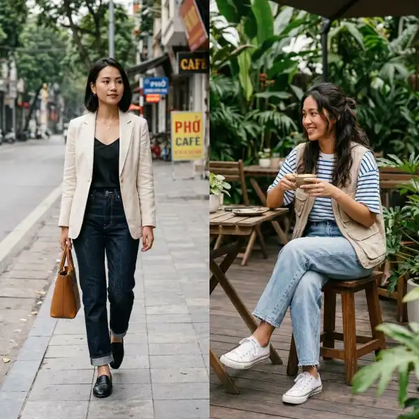 Dark denim dan light wash digunakan dalam dua konteks gaya yang berbeda