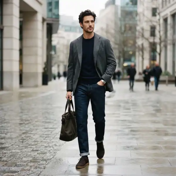 Layering menswear klasik dan kasual dengan blazer knitwear dan denim