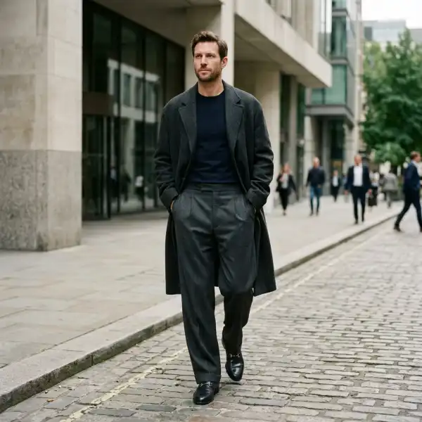 Siluet oversized pria dengan proporsi coat dan celana longgar terinspirasi gaya Jacob Elordi