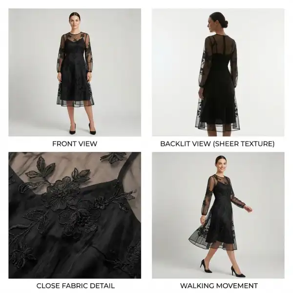 E-commerce photography setup showing front, backlit, detail, and movement views of a sheer dress