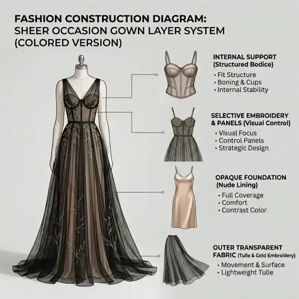 Diagram showing the functional layers of a sheer occasion dress
