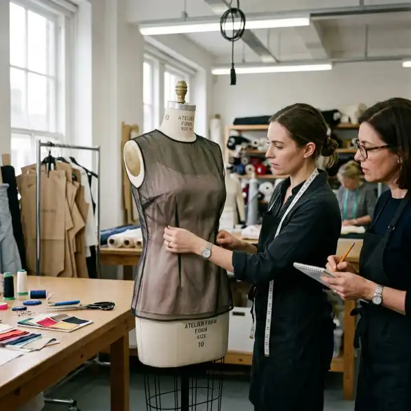 Product development team testing sheer dress opacity with different linings and lighting